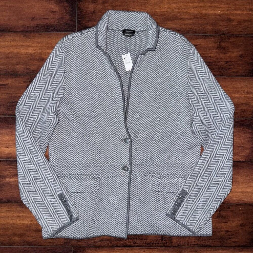 NWT Talbots 100% Merino Wool Knit Cardigan Blazer Gray Button Front Size L
